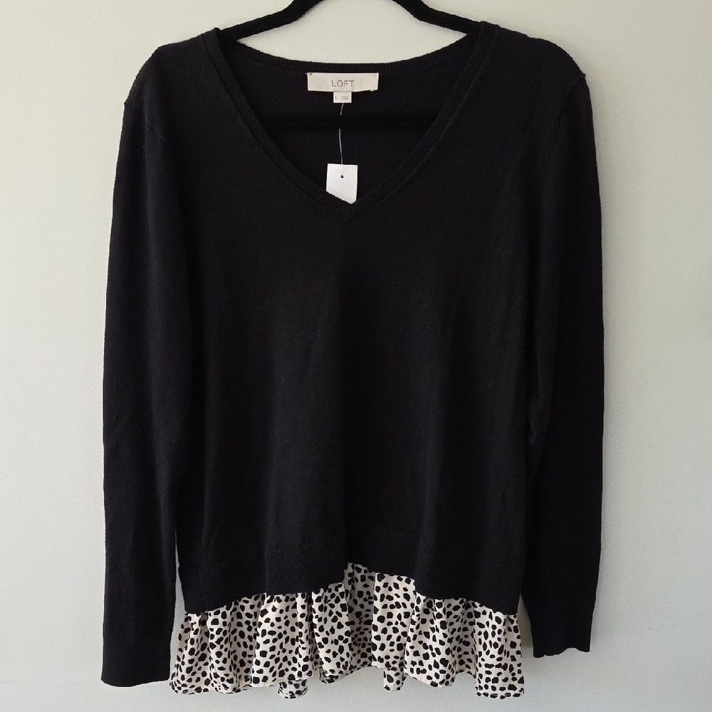 NWT LOFT Black Layered Top with White Polka Dot Hem